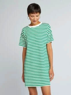 Vestido Tipo Camiseta De Punto Elástico A Rayas - VERDE