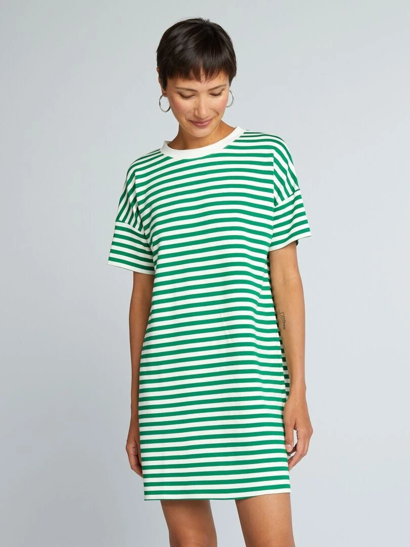 Vestido Tipo Camiseta De Punto Elástico A Rayas - VERDE 3 Vestido Tipo Camiseta De Punto Elástico A Rayas - VERDE