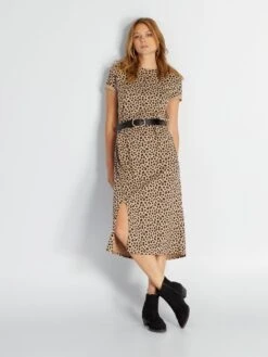 Vestido Tipo Camiseta Midi De Punto - BEIGE