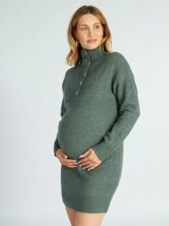 Vestido Tipo Jersey Con Cuello De Cremallera - Verde Gris