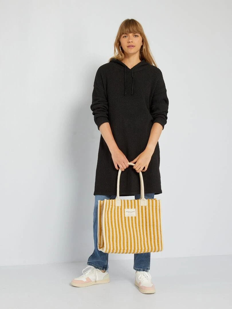 Vestido Tipo Jersey De Canalé Con Capucha - NEGRO 4 Vestido Tipo Jersey De Canalé Con Capucha - NEGRO - Imagen 2