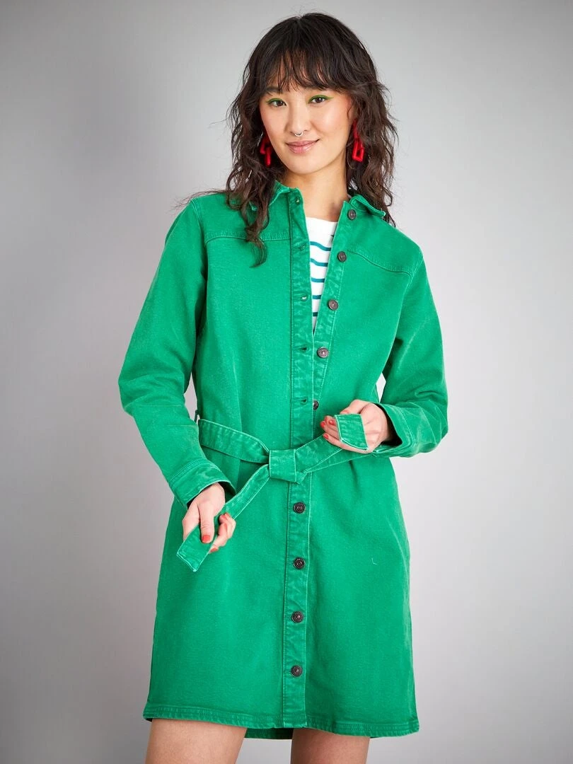 Vestido Vaquero Con Cinturón - Verde Flúor 4 Vestido Vaquero Con Cinturón - Verde Flúor - Imagen 2