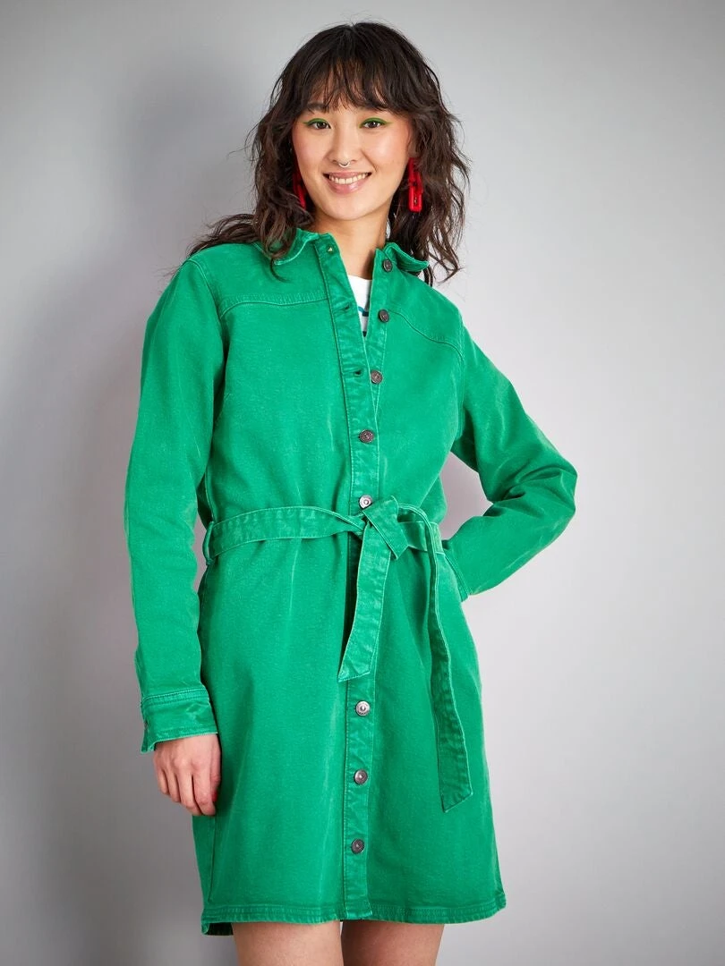 Vestido Vaquero Con Cinturón - Verde Flúor 5 Vestido Vaquero Con Cinturón - Verde Flúor - Imagen 3